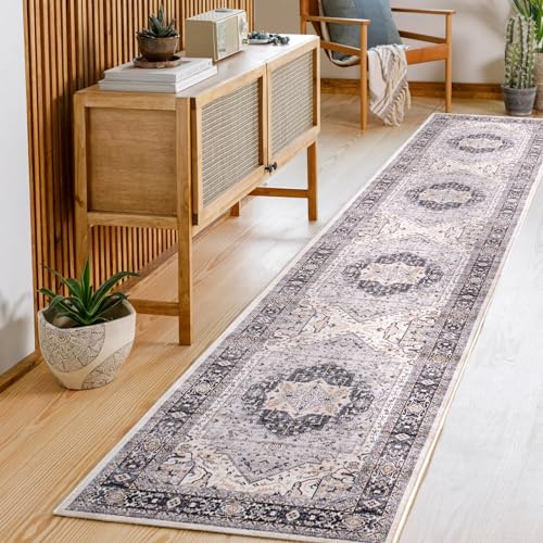 Carvapet Washable Hallway Runner Rug 60x300cm Long Thin Rug Runner Grey Area Rug Vintage Medallion Floor Carpet Rugs for Living Room Corridor Kitchen