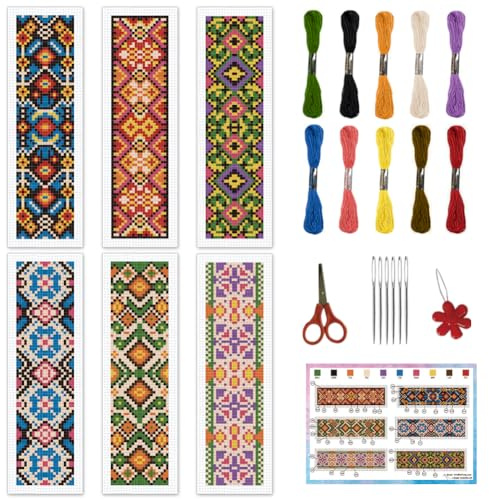 INFUNLY Set di 6 segnalibri a punto croce con fiori colorati per adulti 8,66 × 3,15, motivo a scacchi con fiori etnici, set di segnalibri geometrici, set con istruzioni per il libro