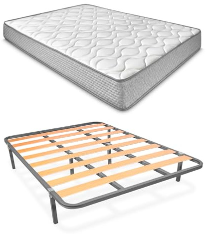 Duérmete Online - Cama Completa con Colchón Marko Reversible + Somier de Láminas Basic con 6 Patas Abrazadera, 135 x 190