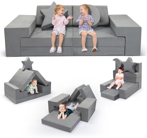 CUPCHID Sofas fürs Kinderzimmer,Spielsofa für Kinder,Kindersofa aus 9 Schaumstoff Bausteine, Flexibel Kombinierbare Kinder Couch Modulares Spielsofa zum Spielen, Kreativsein, Schlafen (Grau)
