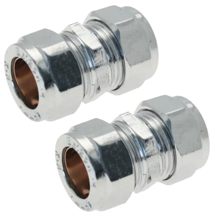 PlumbEZ WRAS 15mm Chrome Plated Compression Straight Connectors 2 Pack BS EN 1254-2 Compliant Coupling Plumbing Fittings for Copper Pipe, Ideal for 15mm Copper Pipe Connections