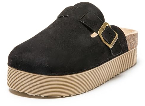 JOMIX Zoccoli Donna con Zeppa Ciabatte Invernali Comodi da Casa Pelle Scamosciata Pantofole da Inverno con Suola in Sughero Sabot con Fibbia e Motivi Animalier WCT255086 Nero 39