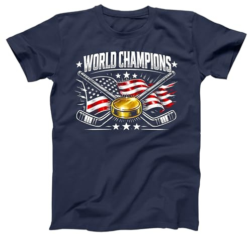 USA World Champions Shirt – Patriotic Hockey T-Shirt – Gold Puck American Flag XS-6X Unisex Graphic Tee Large Navy