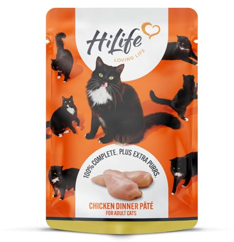 HiLife Adult Wet Cat Food, Chicken Dinner Pate, Complete Cat Food Pouches, 100% Natural & Grain Free (18 x 70g Pouches)