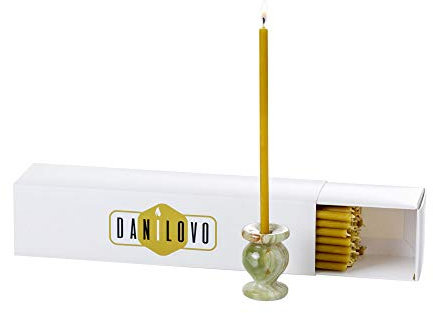 Set Danilovo 50 Stück Bienenwachskerzen + Onyx Marmor-Kerzenhalter, 100% Bienenwachs, Orthodoxe Ritual Kerzen, Dekoration von Tischen - Ungiftig, Ruß - Ohne Tropfen