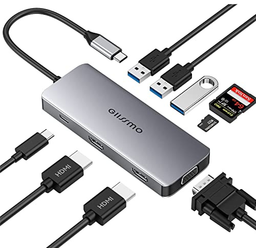 GIISSMO Dockningsstation 2 HDMI, USB C-hub med dubbel HDMI 4K, VGA, 3 USB-A, 100 W PD och TF/SD-kortläsare, trippel bildskärmsadapter för MacBook Pro/Air och HP Dell Lenovo Huawei bärbara datorer