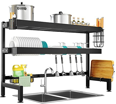NETEL Escurreplatos sobre Fregadero, Escurridor de Platos, Organizador Cocina, Estante de Secado de Platos de Acero Inoxidable de 3 Niveles, con Soporte para Utensilios, Longitud 105cm, Negro