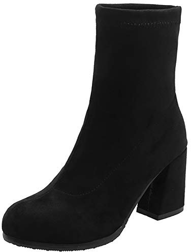 Joliss Botines Mujer Punta Redonda Tacón Ancho Sin Cordones Botas Stretch Noche Vestido Negro Talla 43 EU/45Cn