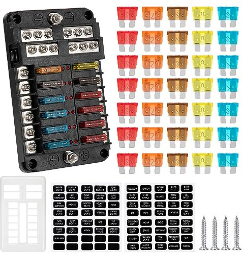 GUNGY KFZ Sicherungshalter 12V Sicherungskasten 12 Fach Sicherungshalter mit 30pcs kfz Sicherungen und LED-Warnanzeige für Auto Boot LKW Van SUV