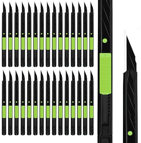 MANUFORE 30pcs Green 9mm Snap-off Knives with Safety Auto-lock, Metal Handle, Black Blade, Lightweight Portable Retractable Cutter for office, school