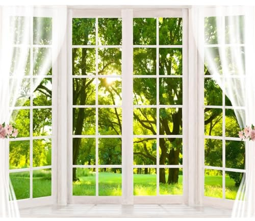 MIRRORANG 3,5x2,5m Primavera Ventana Paisaje Telón de Fondo Bosque Verde Parque al Aire Libre Árbol Sol Fotografía Fondo Boda Nupcial Ducha Decoración Banner Retrato Cabina de Fotos Accesorios