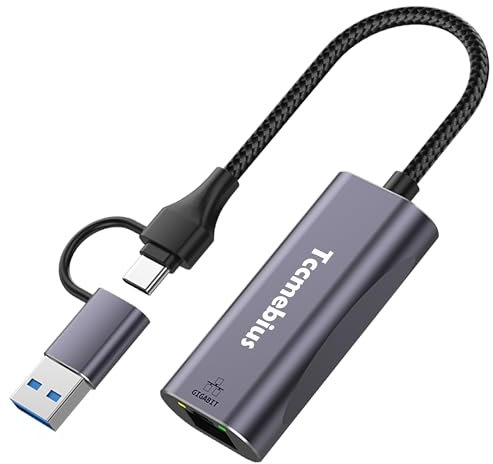 Tccmebius Adattatore Ethernet USB 3.0, 2 in 1 USB Type-A/C a RJ45 1000Mbps Gigabit Ethernet LAN Rete Adattatore per MacBook Air, iPad, iPhone15/15Pro, Surface Pro, Notebook PC (TCC-S30B)