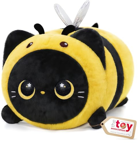 Mewaii Peluche Abeille Chat Noir Kawaii Oreiller Doux 40CM, Oreiller Peluche Mignon Câlin pour Enfants 3 Ans et Plus, pour Noël et Anniversaire