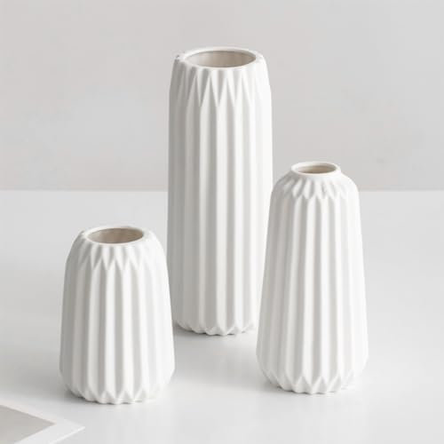 Lot de 3 Petits Vases Décoratif en Céramique, Moderne Nordique Design Blanc Vase Côtelé, Minimalist Bohemian Vase Strié de Table