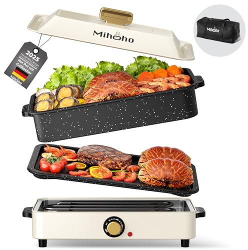 Habilidad eléctrica para barbacoa y Hotpot con bolsa de transporte, 1400 W, sartén multifunción 2 en 1, parrilla eléctrica, olla lenta, gran capacidad, recipiente antiadherente con tapa, cocina