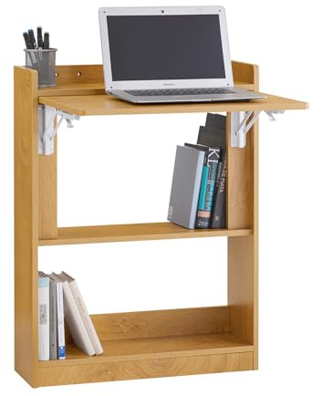 SoBuy Klappbarer Schreibtisch Computertisch mit Ablagen Kleiner Schreibtisch Arbeitstisch Bürotisch Klapptisch für Homeoffice Wandtisch Laptoptisch Natur 64x82x58cm FWT92-N