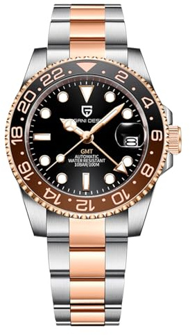 SUZAKU 1662 GMT Herrenuhr Automatik NH34 Mechanische Herrenuhr mit Zwei Zeitzonen und Kalender Wasserdicht Edelstahl Leuchtend Business （Roségold-3）