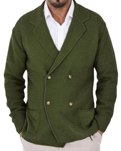 Duohropke Maglione da uomo a doppio petto lavorato a maglia, cardigan, slim fit, casual, basic a maglia grossa, verde, M