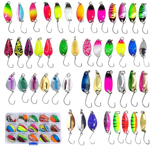45 Stück Forellenköder, Spoons Forelle Set, Spinner Angeln Angelzubehör 2g / 2.5g / 3g / 3.2g / 3.5g / 5g, Angelköder, Blinker Forellen Köder mit Box für Hecht, Zander, Barsch, Forelle