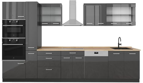Vicco Küchenzeile R-Line, Anthrazit Hochglanz/Anthrazit, 350 cm ohne Arbeitsplatte, zur flexiblen Erweiterung durch zusätzliche Module geeignet