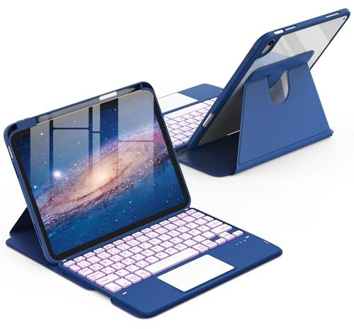 CACOE 360 Rotating Keyboard Case for iPad (A16) 11th/10th Generation (11/10.9) 2025/2022 with Touchpad, 7-Color Backlit Detachable Wireless Keyboard Case with Support Function, Ocean Blue