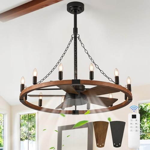 Farmhouse Wagon Wheel Ceiling Fan Lights 35in, Rustic Walnut Wood Ceiling Fans with Light Black & Wooden Wheel Fan Light for Patio Living Room Bedroom Dining Room