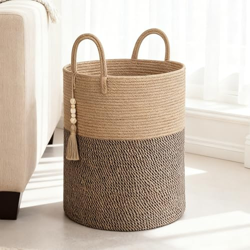 Large 60L Woven Cotton Rope Storage Basket with Handles | Tall Laundry & Toy Organiser for Nursery, Living Room & Bedroom | Soft, Foldable Blanket Basket (Black&brown)
