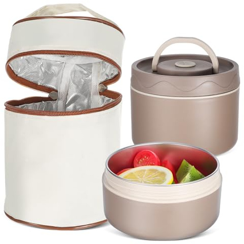 PATKAW Fiambrera Térmica Portátil de Acero Inoxidable 316 con Doble Aislamiento y Bolsa Térmica para Escuela y Picnic Capacidad Grande 600 Ml