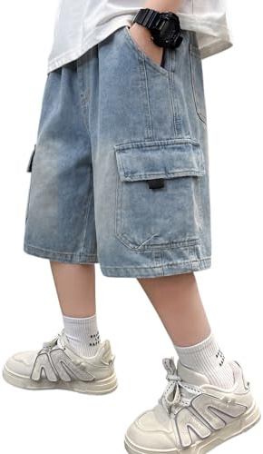 Rolanko Boys Baggy Jeans Shorts, Elastic Waist Pull on Wide Leg Knee Length Summer Denim Shorts for Tween Kids