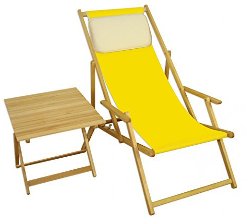 Strandstuhl gelb Gartenliege Strandliege Deckchair Tisch Kissen Liegestuhl Holz hell 10-302NTKH