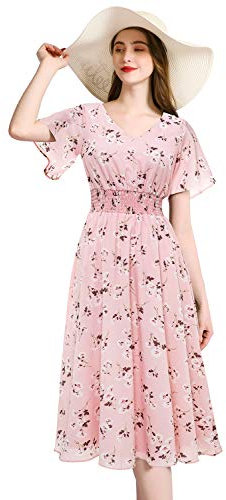 Gardenwed Women's Floral Print Chiffon Midi Dresses Short Sleeve V Neck Swing Elastic Waist A Line Casual Floral Autumn Dress Pink Dandelion XL