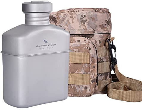 iBasingo 1100ml Titanium Water Bottle Camping Large Capacity Kidney Type Military Canteen Lightweight Outdoor Single Layer Flask Lightweight Cooking Kit Portable Cookware with Camouflage Bag Ti2047C