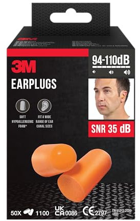 3M Gehörschutzstöpsel 1100, Ohrstöpsel aus Schaumstoff, 50 Paar, Weicher und hypoallergener Schaum, Ohrenstöpsel hygienisch paarweise verpackt, (94 – 105 dB)