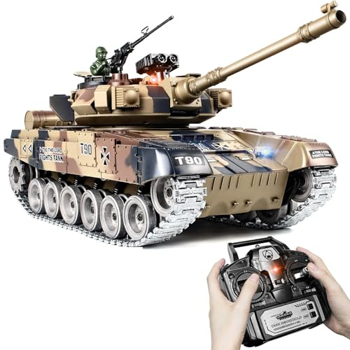 Supdex RC Tank, 1:18 Russian T-90 Metal Tracks Remote Control Model Tank Toys, 2.4Ghz Army Toys with Smoke, Sound and Light, RC Military Vehicle that Shoots BBS for Adults and Kids