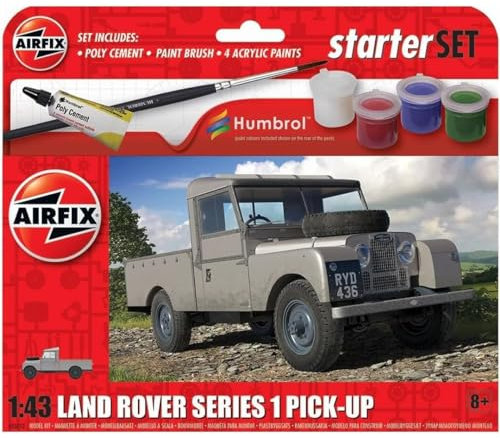 Airfix Starter Set - A55012 Land Rover Series 1 Pick-Up Model Building Kit - Plastic Model Car Kits for Adults & Children 8+, Set Includes Decals, Humbrol Acrylic Paints, Brush & Poly Cement