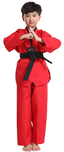 SXSHUN Karateanzug Kinder Judoanzug Mädchen Jungen Kampfsportanzug mit Schwarzem Gürtel Professionelle Taekwondo Anzug für Anfänger, Rot, 104-110