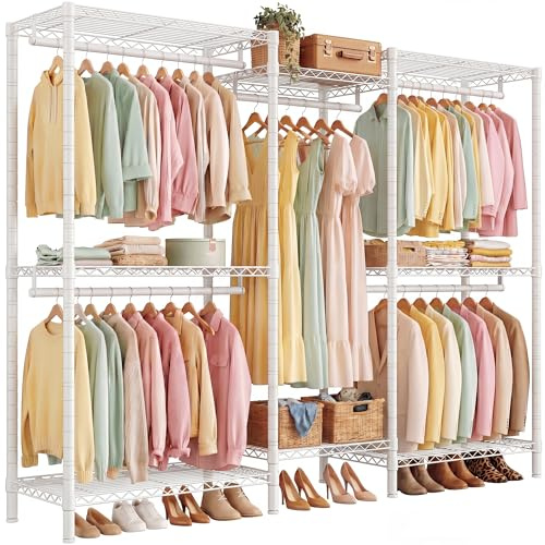 REIBII 378kg Strong Heavy Duty Clothes Rail with Adjustable 8 Shelves and 5 Hanging Rods,195Hx190W x 45Dcm Liner shape & L-Shape Freestanding Clothes Rail for Bedroom, Walk-in Closet, White