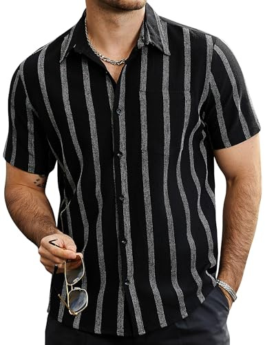 VATPAVE Mens Summer Striped Shirts Button Down Short Sleeve Vintage Beach Hawaiian Shirts with Pocket Medium Black Button Up