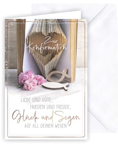 KE - Stilvolle Glückwunschkarte zur Konfirmation für Jungen und Mädchen, inkl. Umschlag, DIN B6 Format, Konfirmationskarte, Verzierung mit goldener Folie, Motiv: Bibel, Fische, Blumen