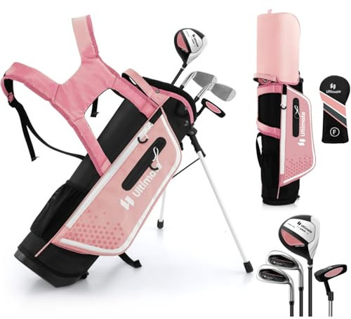 LIFEZEAL Golf Set für Kinder von 5-7 Jahren, Golfschläger komplett mit wasserdichter Tragetasche & Schläger, Golf Training mit Holz 3, Eisen 7, S und Putter (Rosa)