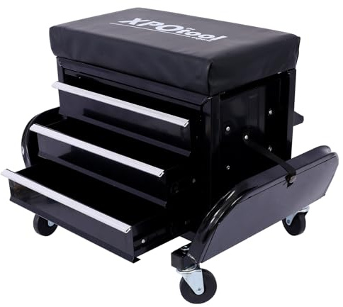 Garage Rolling Mechanic Stool with Drawers Tool Chest Seat Workshop Glide Creeper Chair Heavy-Duty Steel Mobile Work Seat with Tool Storage, Utility Roller Box for Mechanics 350 lbs Black