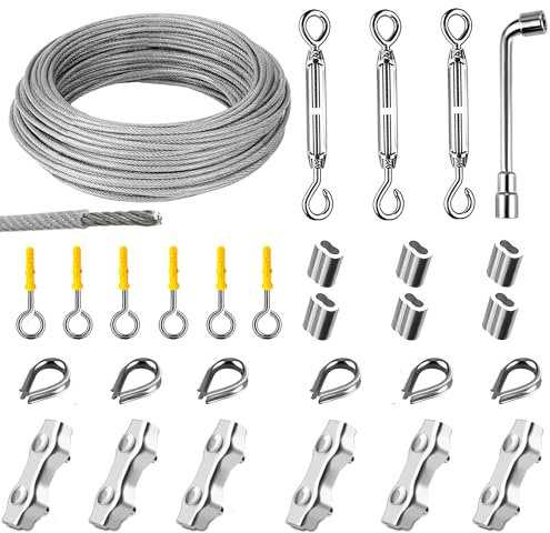 Drahtseil 3mm & 30m Stahlseil Kit, PVC-ummantelt Drahtseil Spanndraht Edelstahl 304, Seilspanngarnitur 7X7 mit Spannschloss-Drahtspanner für Kletterpflanzen, wäscheleinen (Drahtseil 15M Kit)