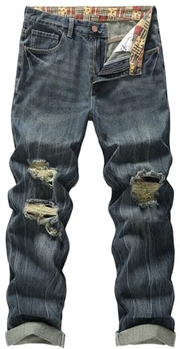 MZNBURAM Men's Non-Stretch Regular Fit Straight-Leg Denim Pants Jeans (40, Ripped Navy Blue)