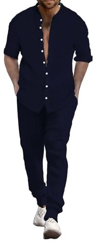 Junger Herrenanzug Slim Fit Herren Sommer Atmungsaktiv Zwei gerollte Ärmel Hemd Hose Set Herren Sportbekleidung Herren Zweiteilige Sportbekleidung, navy, XXL