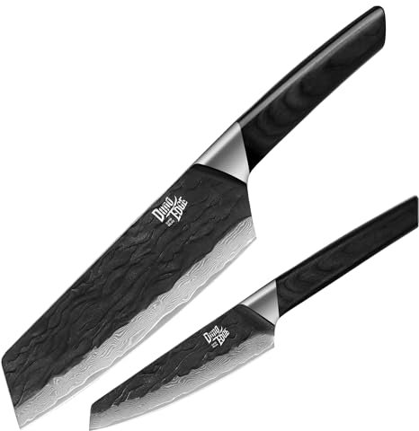 dimoedge 2 tlg Damastmesser Set, 17,8 cm Bunka Messer und 12,7 cm Allzweckmesser, 67 Lagen Damaszener Stahl gehämmert Klinge mit Pakkawood Griff, Scharfes Kochmesser Set mit Geschenkbox, Schwarz