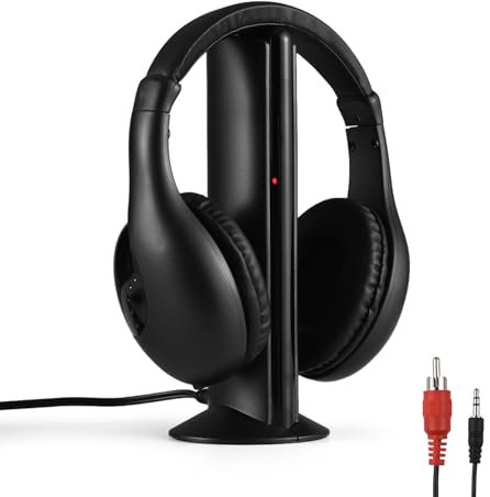 Solinder Casque sans fil pour regarder la télévision avec émetteur et décodeur 5 en 1 - Casque supra-auriculaire - Portée sans fil de 29,9 m - Radios FM - Émetteur avec fibre