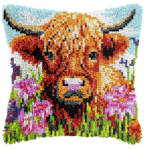 Highland Cow Crochet Kit - Latch Hook Kits For Adults,Crochet Kits for Beginners,DIY Highland Cow Cross Stitch Kits Cushion Covers,Embroidered Pillowcase Craft Kit with Yarn and Crochet Hook(43x43 cm)