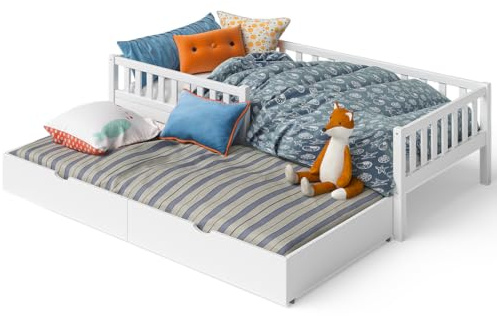 Bellabino Vils Kinderbett 90x200 cm – Kleinkindbett ausziehbar auf 90x190 cm mit 2 Matratzen, Rausfallschutz & Lattenrost – Montessori Kinder Bett aus Kiefer Massivholz – in Weiß für Jungen & Mädchen