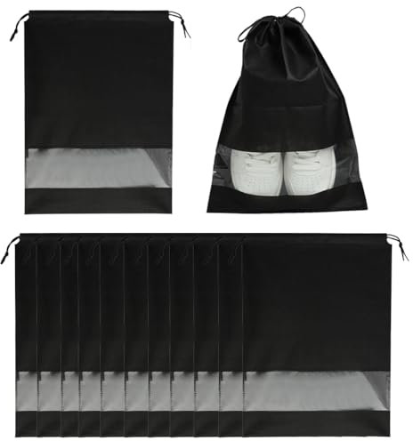 12 Piezas No Tejida Bolsa Zapatos, Impermeables y a Prueba de Polvo, con Ventana Transparente y Cordón Ajustable, para Viajes y Almacenamiento en el Hogar, 44x32cm, Color Negro