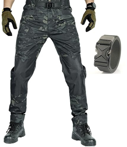 Générique Pantalon Tactique Homme, Multi Poches Pantalon De Moto Homme, Pants De Protection pour Vélo(Ceinture Comprise), Adapté à La Randonnée, à La Chasse Et Au Travail (1PC-Camouflage Noir,L)